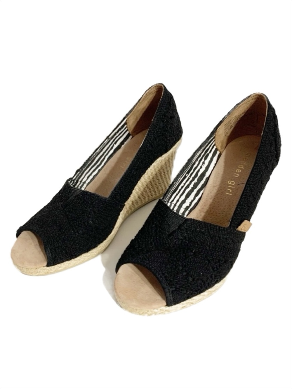 Madden Girl Tackle Crocheted Natural Fabric Jute Wedge Heel Open Toe Shoes Black